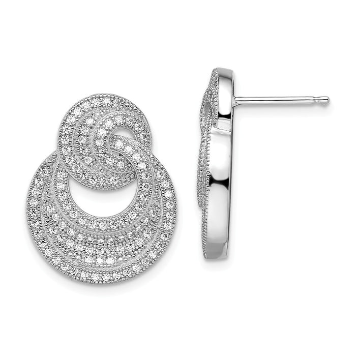 Million Charms 925 Sterling Silver Rhodium-Plated Cubic Zirconia ( CZ ) Brilliant Embers Polished Circles Post Earrings, 17mm x 21mm