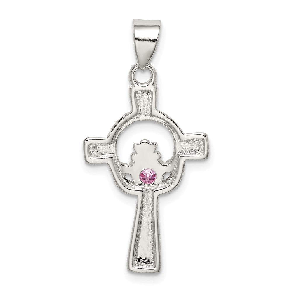 Million Charms 925 Sterling Silver Pink (Cubic Zirconia) CZ Claddagh Relgious Cross Pendant