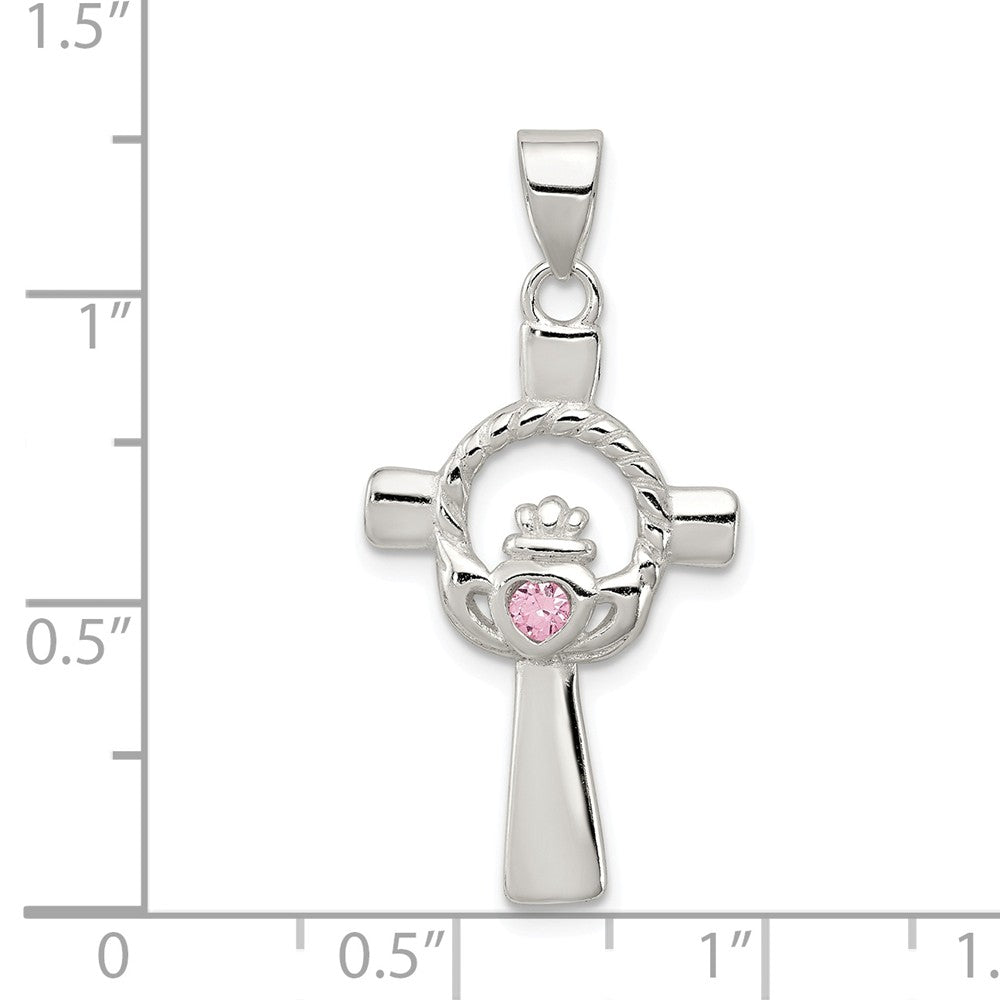 Million Charms 925 Sterling Silver Pink (Cubic Zirconia) CZ Claddagh Relgious Cross Pendant