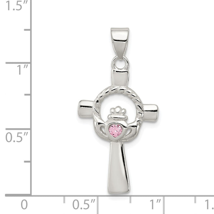 Million Charms 925 Sterling Silver Pink (Cubic Zirconia) CZ Claddagh Relgious Cross Pendant