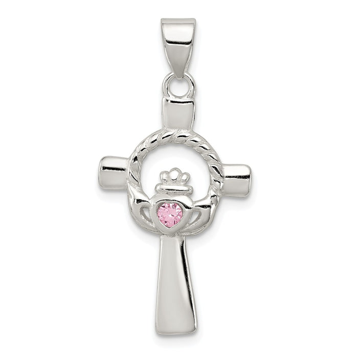 Million Charms 925 Sterling Silver Pink (Cubic Zirconia) CZ Claddagh Relgious Cross Pendant