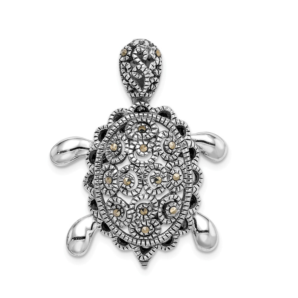 925 Sterling Silver Rhodium-plated Marcasite Turtle Pin