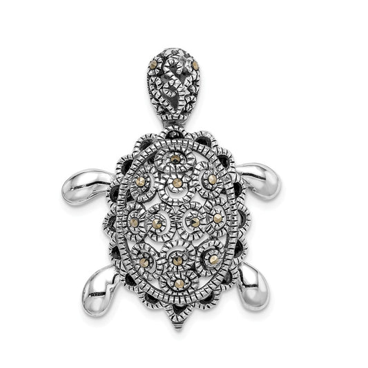 925 Sterling Silver Rhodium-plated Marcasite Turtle Pin