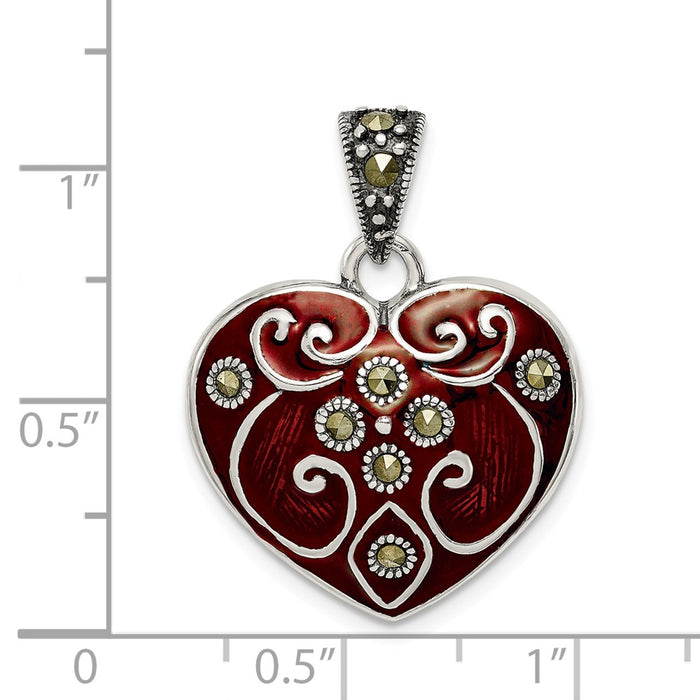 Million Charms 925 Sterling Silver Red Enamel & Marcasite Heart Pendant