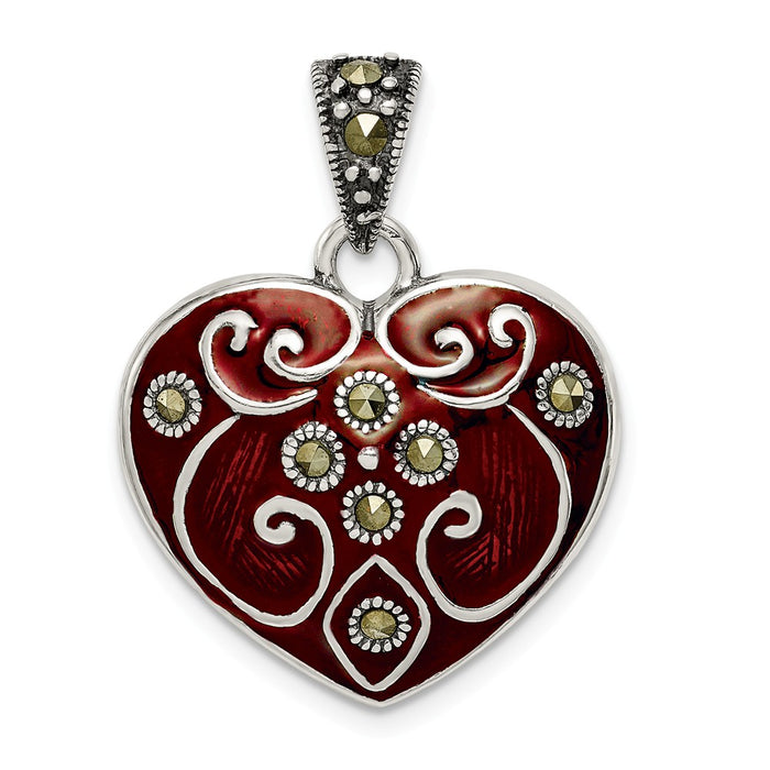 Million Charms 925 Sterling Silver Red Enamel & Marcasite Heart Pendant