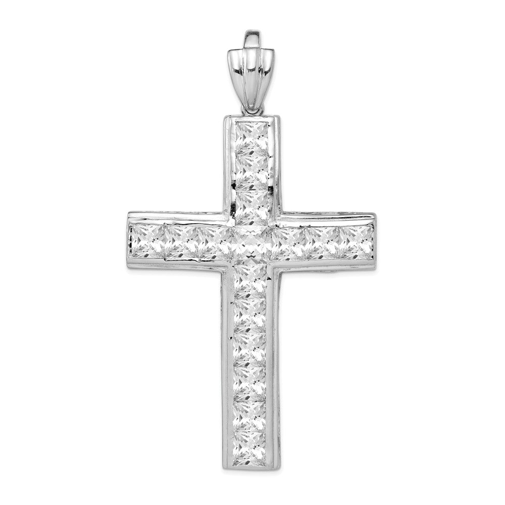 Million Charms 925 Sterling Silver Rhodium-Plated (Cubic Zirconia) CZ Relgious Cross Pendant
