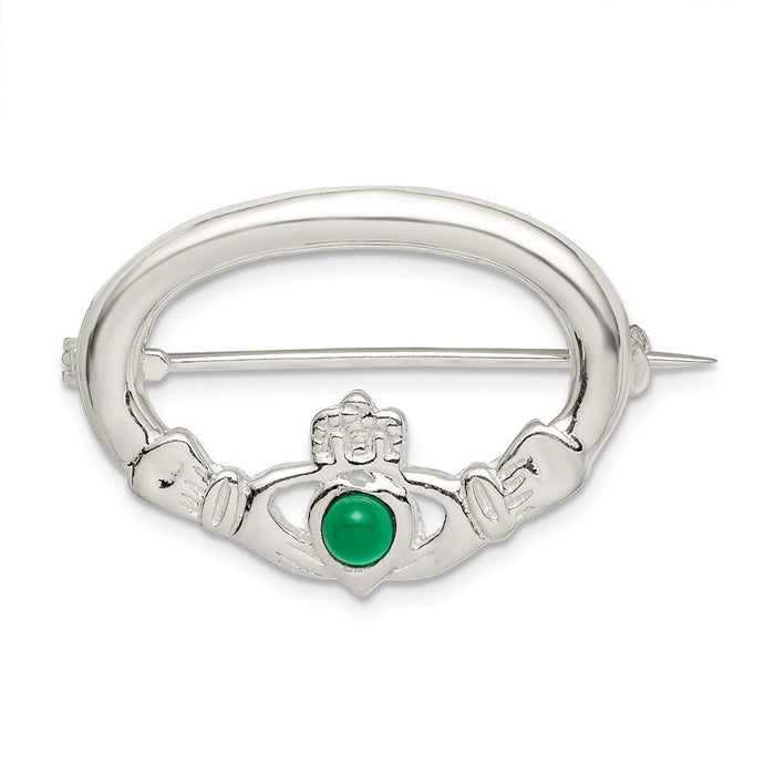 925 Sterling Silver Green CZ Claddagh Pin