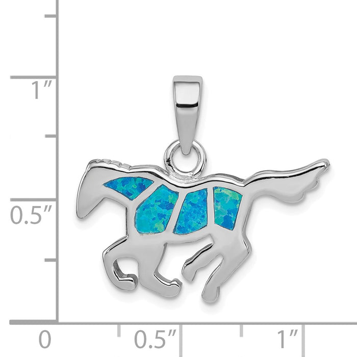 Million Charms 925 Sterling Silver Rhodium-Plated Created Blue Opal Inlay Horse Pendant