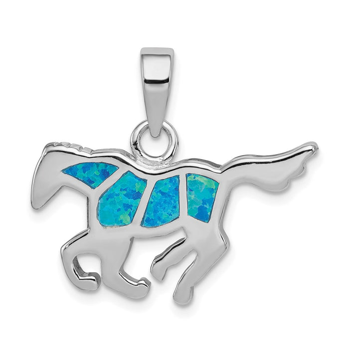Million Charms 925 Sterling Silver Rhodium-Plated Created Blue Opal Inlay Horse Pendant