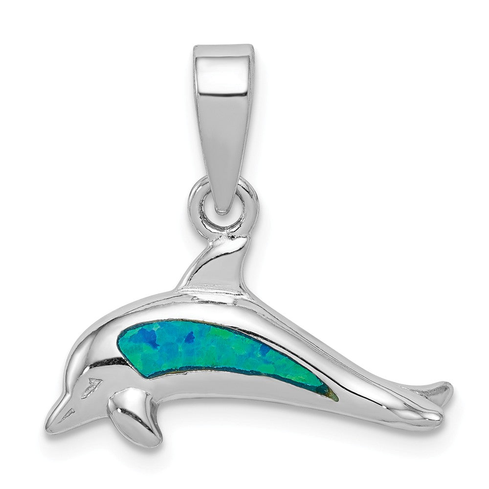 Million Charms 925 Sterling Silver Created Blue Opal Inlay Dolphin Pendant
