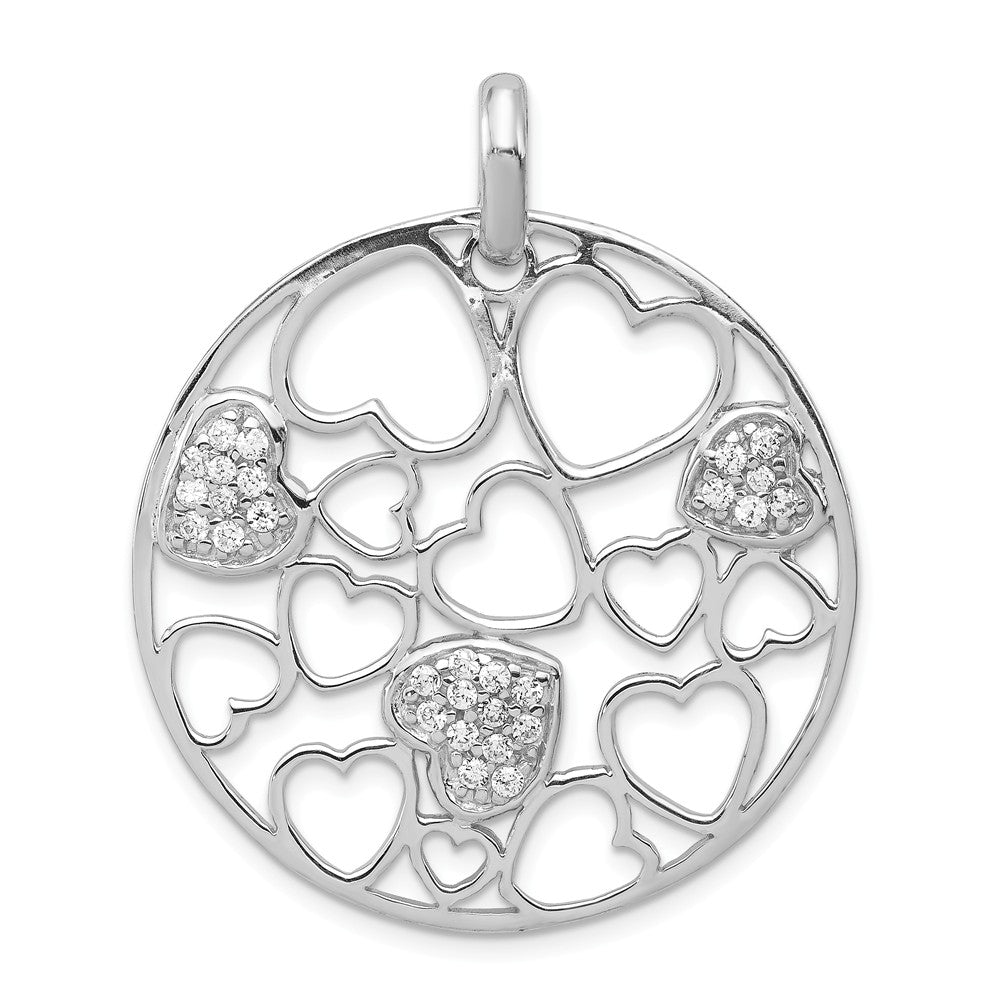 Million Charms 925 Sterling Silver Cut Out, (Cubic Zirconia) CZ Hearts Circle Pendant