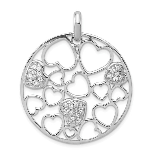 Million Charms 925 Sterling Silver Cut Out, (Cubic Zirconia) CZ Hearts Circle Pendant