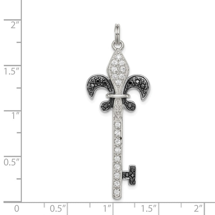 Million Charms 925 Sterling Silver Black & White (Cubic Zirconia) CZ Fleur De Lis Key Pendant