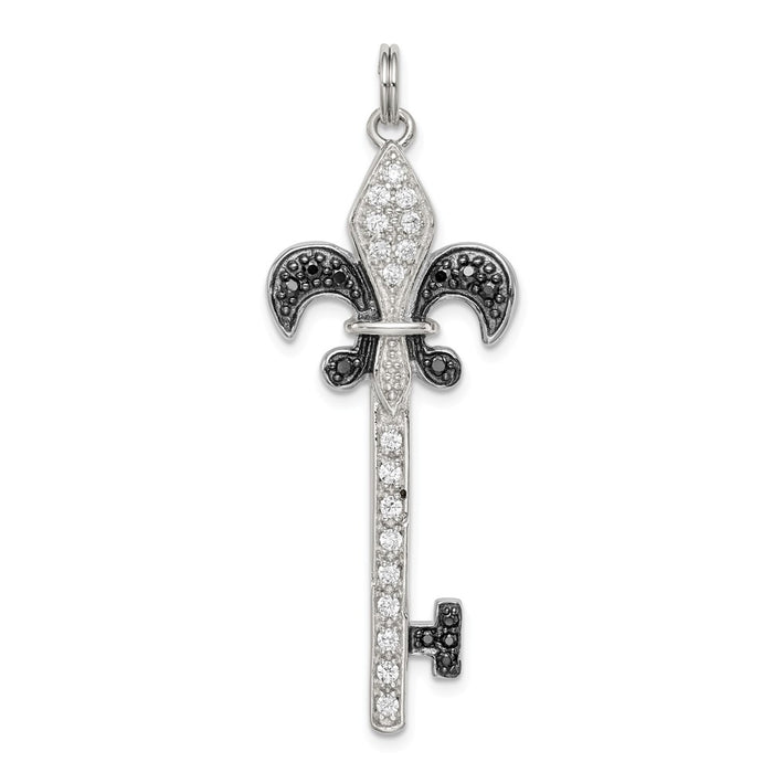 Million Charms 925 Sterling Silver Black & White (Cubic Zirconia) CZ Fleur De Lis Key Pendant