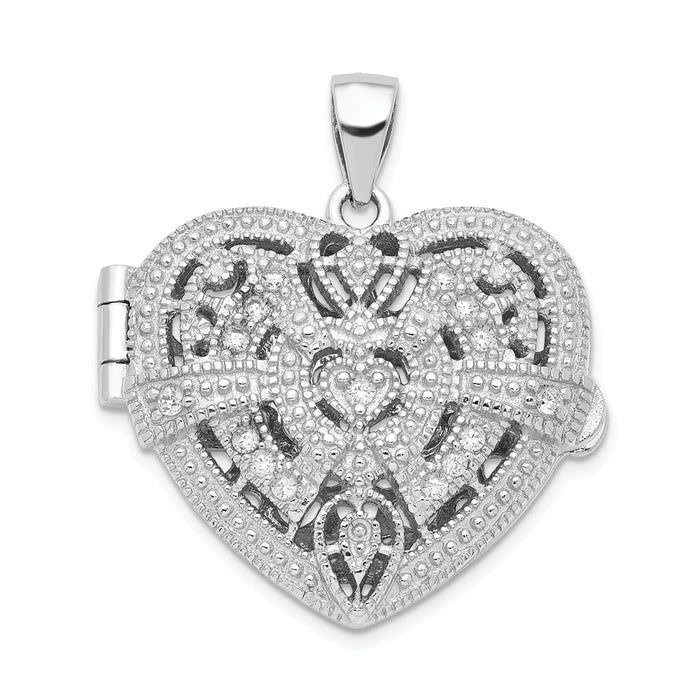 Million Charms 925 Sterling Silver (Cubic Zirconia) CZ Design Heart Locket Pendant