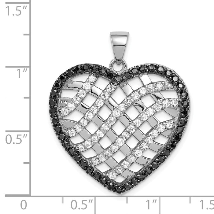Million Charms 925 Sterling Silver Black & White (Cubic Zirconia) CZ Lattice Heart Pendant