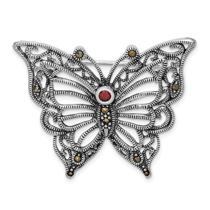 925 Sterling Silver Rhodium-plated Marcasite Red CZ Butterfly Pin