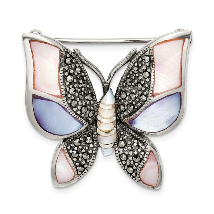 925 Sterling Silver Marcasite Mother of Pearl Butterfly Pin