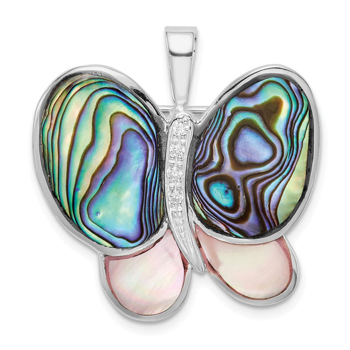 925 Sterling Silver Rhodium-plated CZ Mother of Pearl & Abalone Pin/Pendant