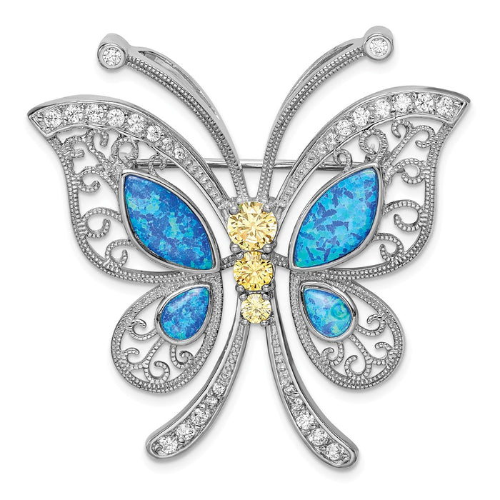 925 Sterling Silver Rhodium-plated Created Opal CZ Butterfly Pin/Chain Slide