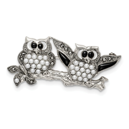 925 Sterling Silver Marcasite with Black Agate, MOP & FW Cultured Pearl Pin
