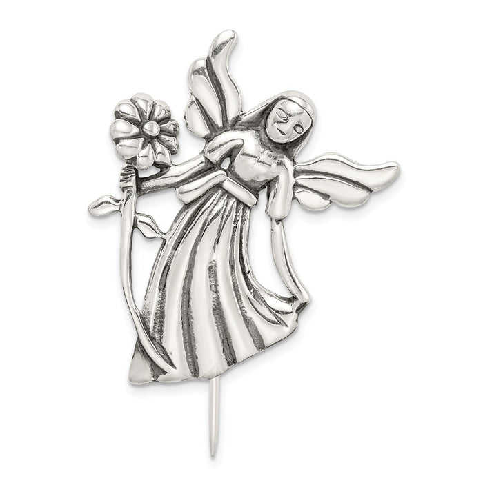 925 Sterling Silver Polish & Antique Angel with Flower Pin
