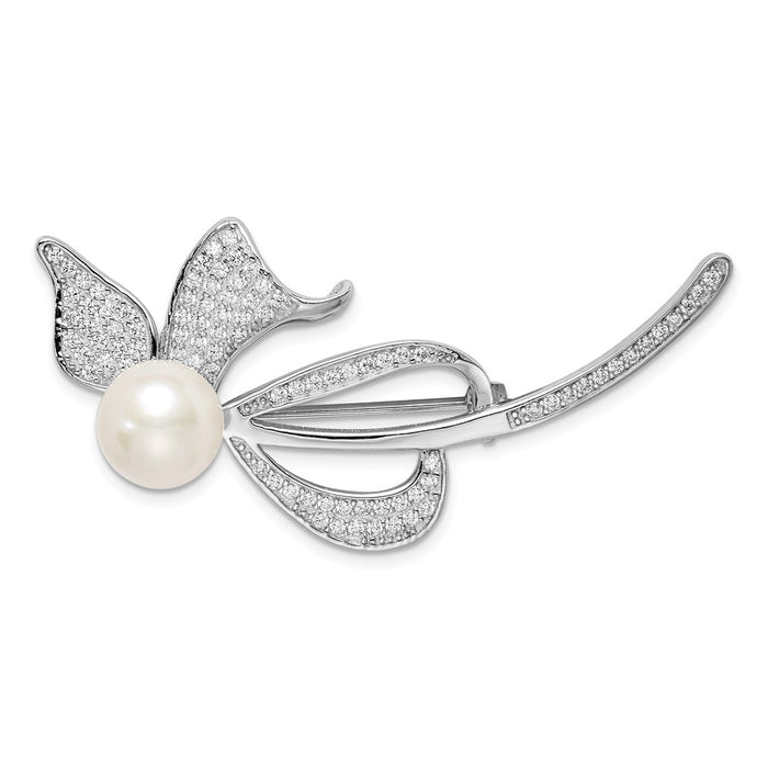 925 Sterling Silver Rhodium-plated 9-10mm White FWC Pearl CZ Bow Pin