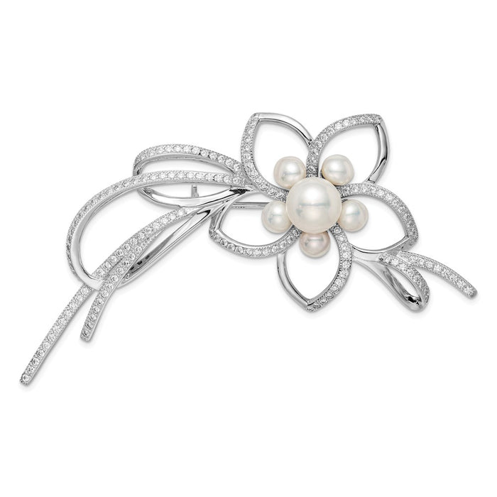 925 Sterling Silver Rhodium-plated 4-7mm White FWC Pearl CZ Flower Pin