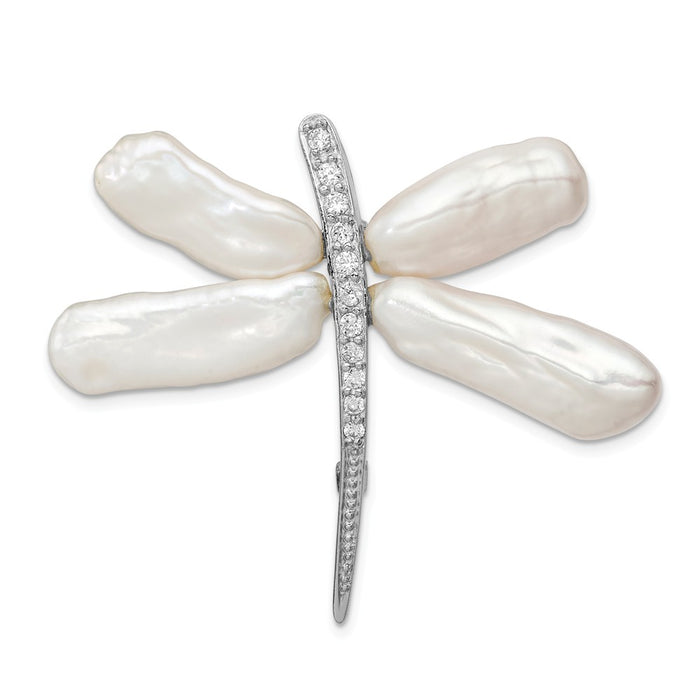 925 Sterling Silver RH White Baroque FWC Pearl CZ Dragonfly Slide Pin
