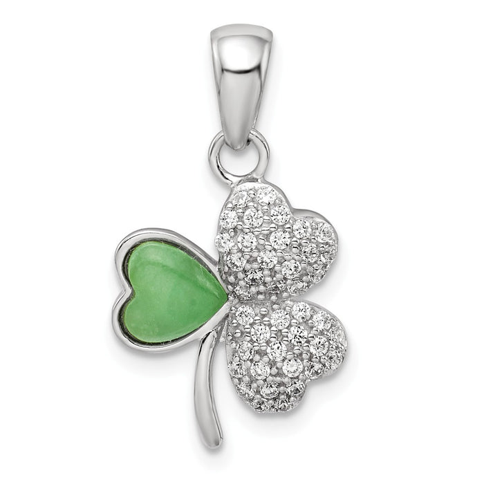 Million Charms 925 Sterling Silver Rhodium-Plated Polished (Cubic Zirconia) CZ & Green Jade Lucky Clover  Pendant