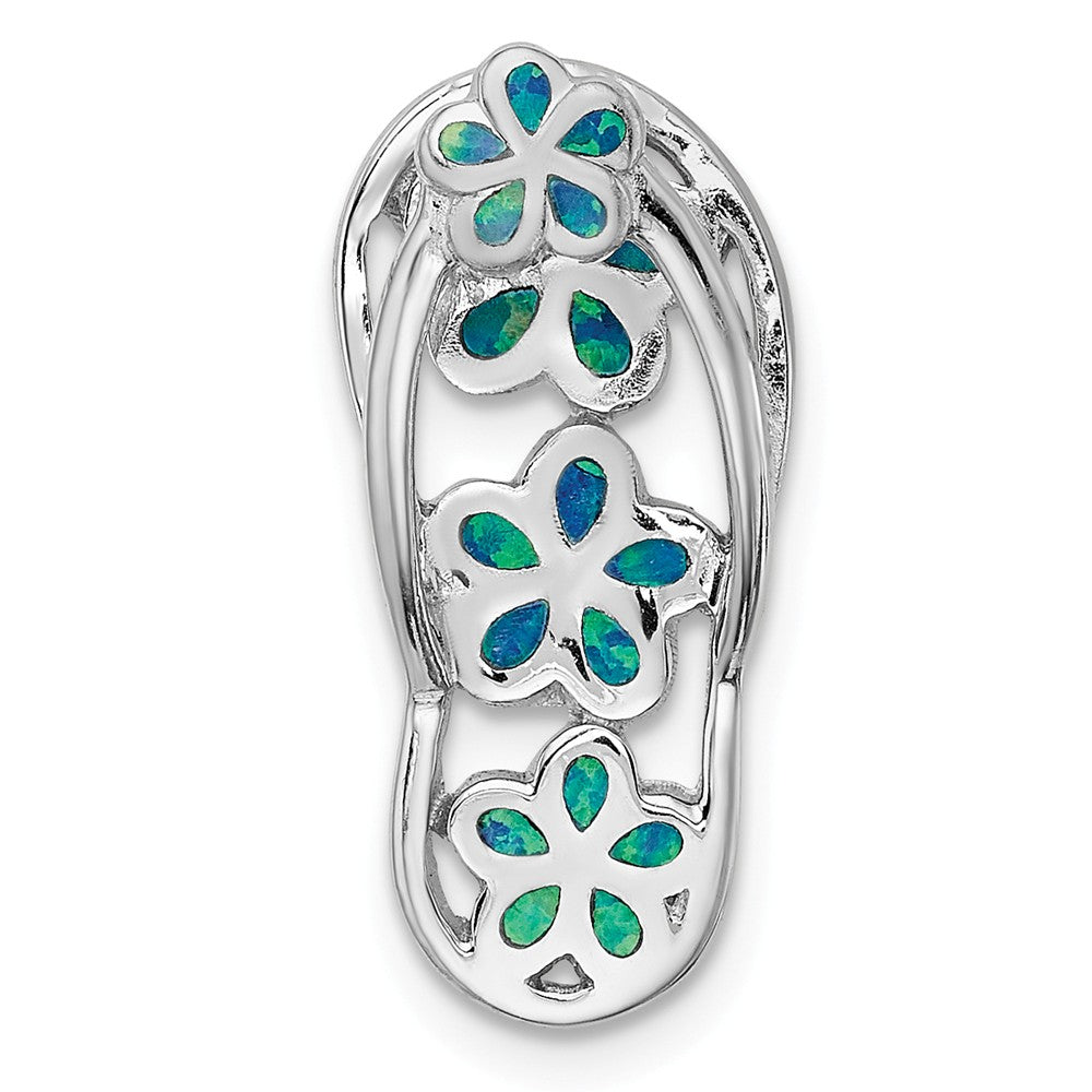 Million Charms 925 Sterling Silver Rhodium-Plated Blue Created Opal Flip Flop Pendant Slide