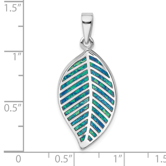 Million Charms 925 Sterling Silver Rhodium-Plated Blue Created Opal Leaf Pendant