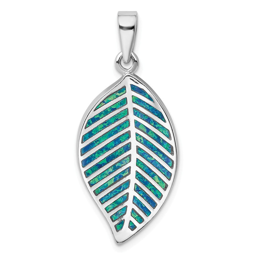 Million Charms 925 Sterling Silver Rhodium-Plated Blue Created Opal Leaf Pendant