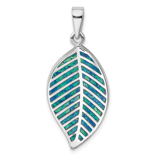 Million Charms 925 Sterling Silver Rhodium-Plated Blue Created Opal Leaf Pendant