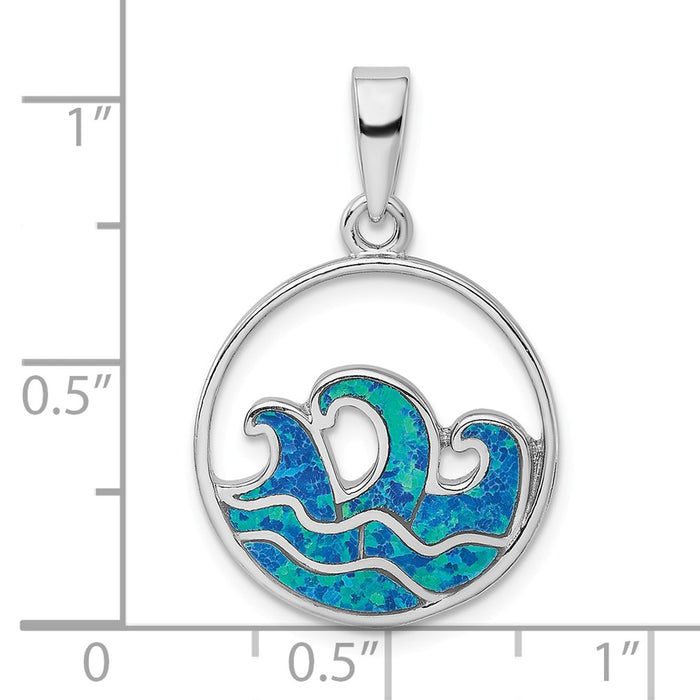 Million Charms 925 Sterling Silver Rhodium-Plated Blue Created Opal Wave Pendant