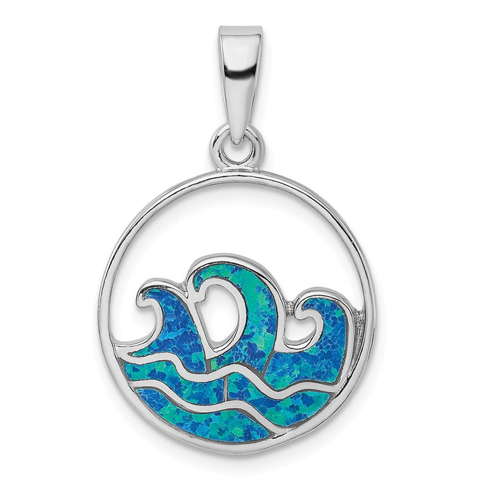 Million Charms 925 Sterling Silver Rhodium-Plated Blue Created Opal Wave Pendant