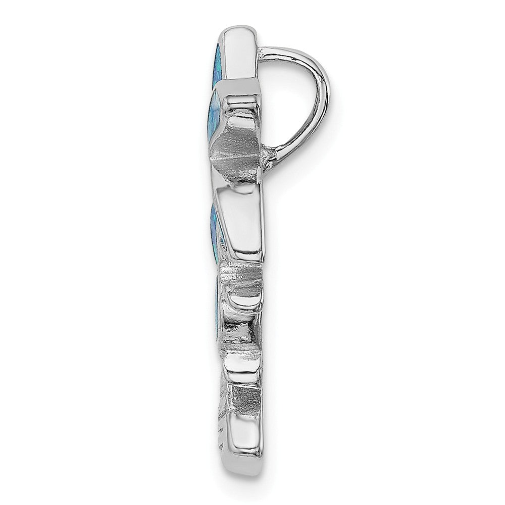 Million Charms 925 Sterling Silver Rhodium-Plated Blue Inlay Created Opal Palm Tree Slide