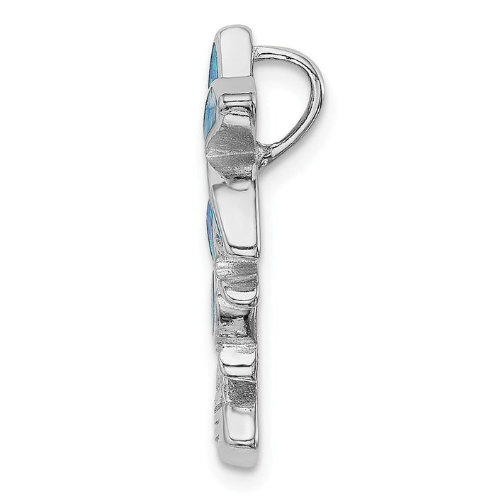 Million Charms 925 Sterling Silver Rhodium-Plated Blue Inlay Created Opal Palm Tree Slide