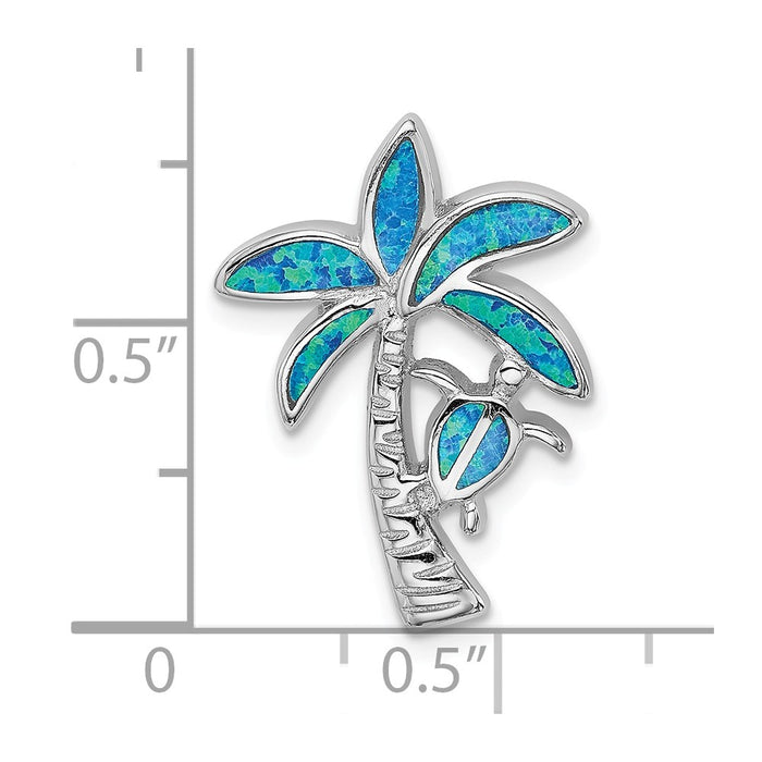 Million Charms 925 Sterling Silver Rhodium-Plated Blue Inlay Created Opal Palm Tree Slide