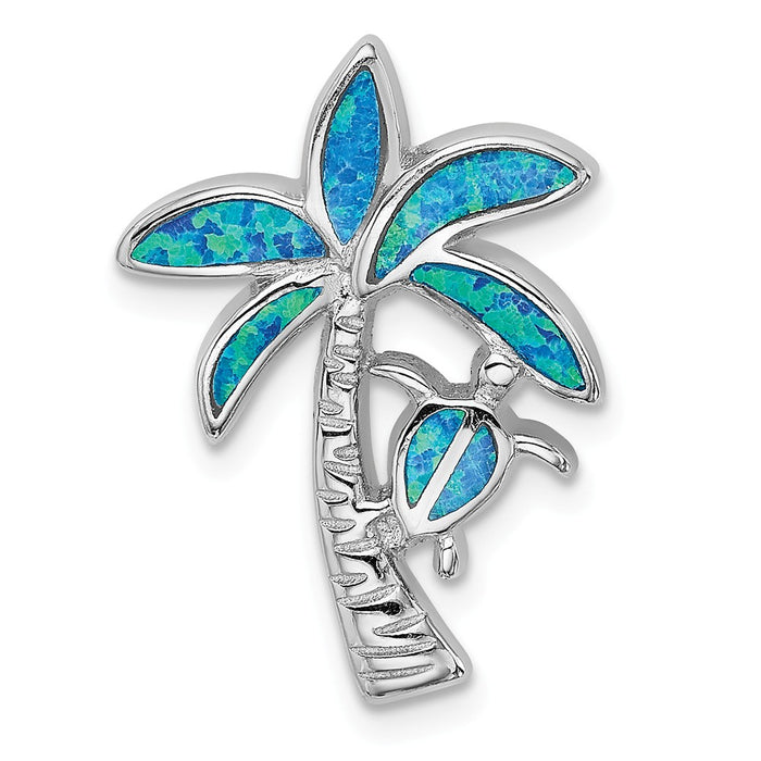 Million Charms 925 Sterling Silver Rhodium-Plated Blue Inlay Created Opal Palm Tree Slide