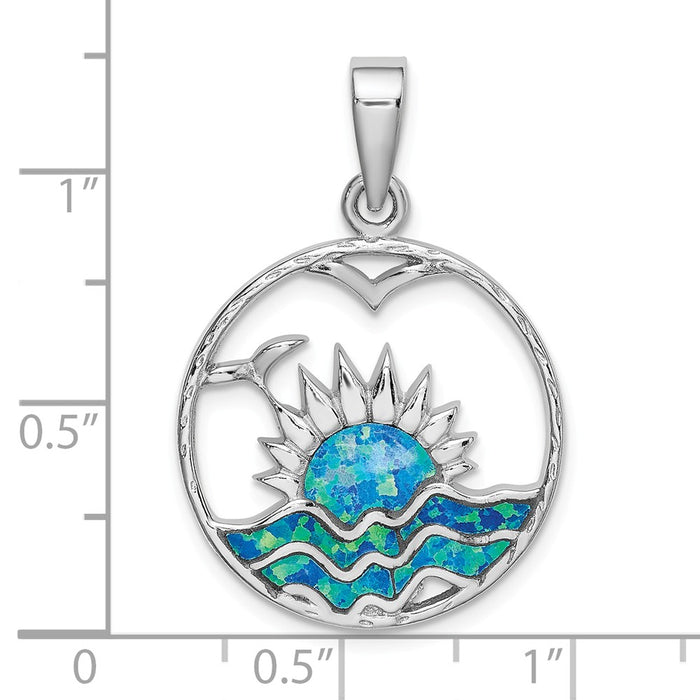 Million Charms 925 Sterling Silver Rhodium-Plated Blue Inlay Created Opal Sunrise Pendant