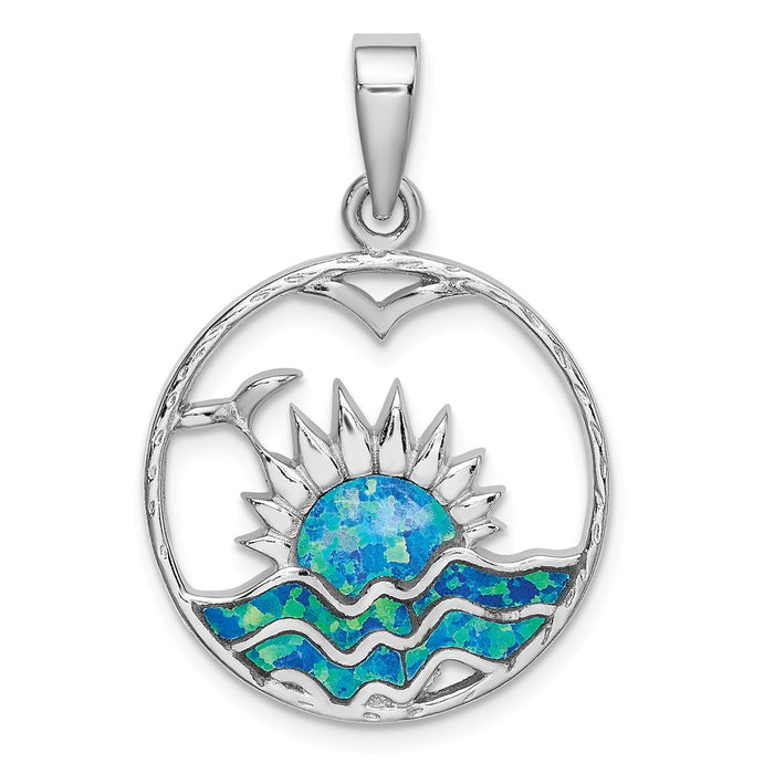 Million Charms 925 Sterling Silver Rhodium-Plated Blue Inlay Created Opal Sunrise Pendant