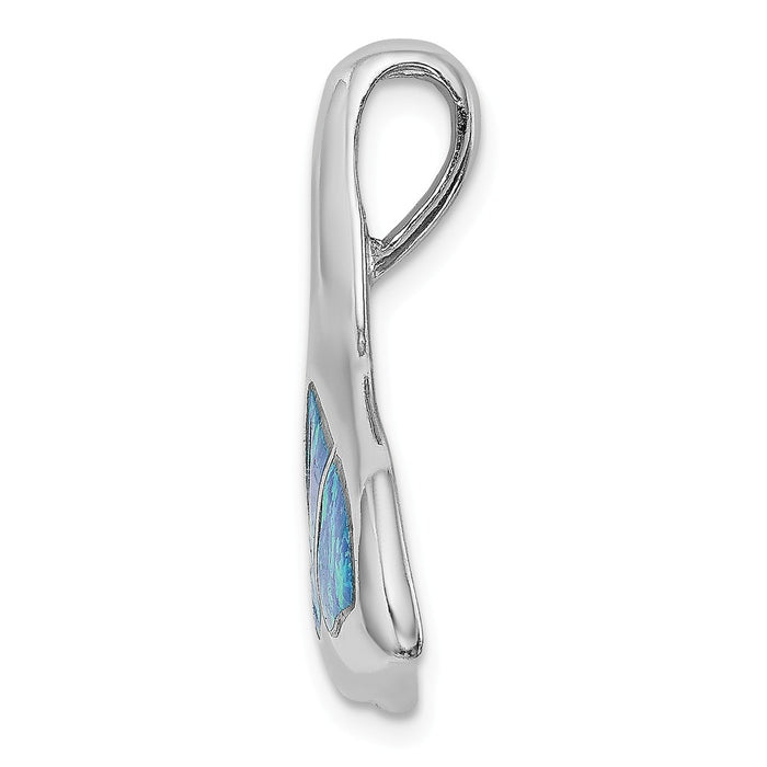 Million Charms 925 Sterling Silver Rhodium-Plated Blue Inlay Created Opal Whale Tail Slide