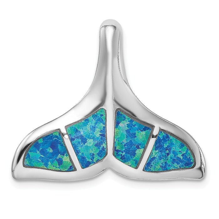 Million Charms 925 Sterling Silver Rhodium-Plated Blue Inlay Created Opal Whale Tail Slide