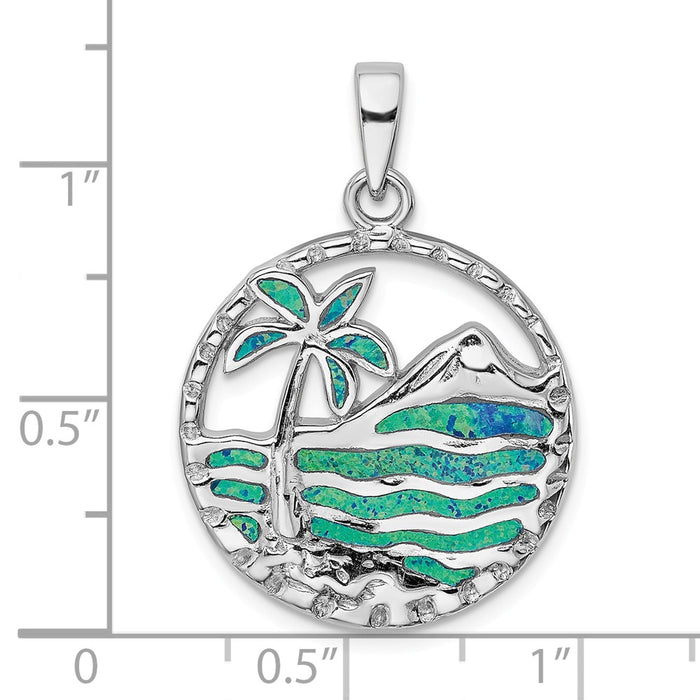 Million Charms 925 Sterling Silver Rhodium-Plated Blue Created Opal Palm Tree Ocean Pendant