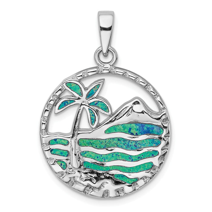 Million Charms 925 Sterling Silver Rhodium-Plated Blue Created Opal Palm Tree Ocean Pendant