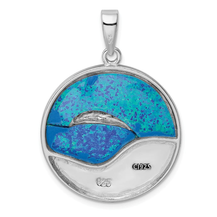 Million Charms 925 Sterling Silver Rhodium-Plated Blue Inlay Created Opal Dolphins Pendant