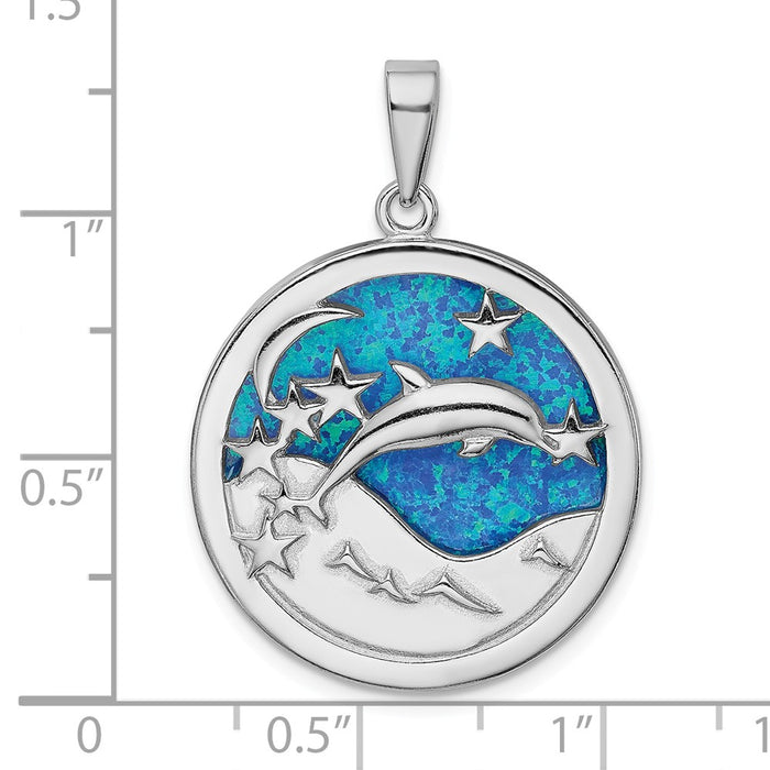 Million Charms 925 Sterling Silver Rhodium-Plated Blue Inlay Created Opal Dolphins Pendant