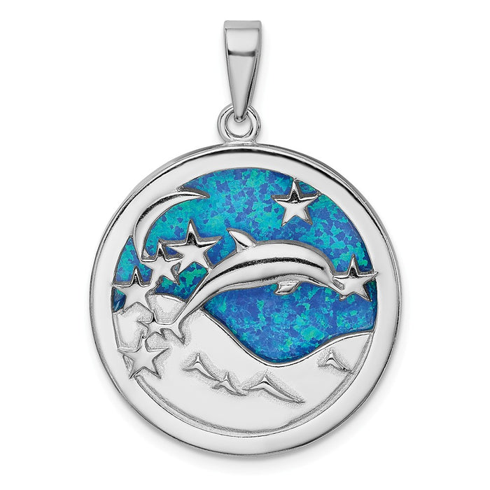 Million Charms 925 Sterling Silver Rhodium-Plated Blue Inlay Created Opal Dolphins Pendant