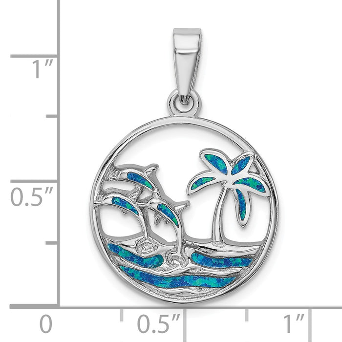 Million Charms 925 Sterling Silver Rhodium-Plated Blue Created Opal Dolphins Pendant